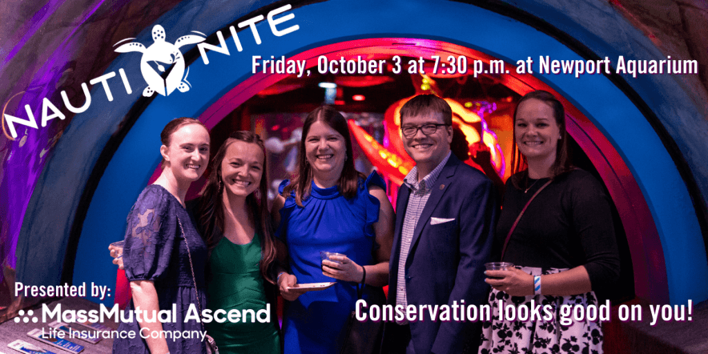 Nauti Nite logo with information about time, date, and location. MassMutual Asend has a logo on the front. Background consists of 4 women and one man dressed in formal wear in various shades of blue.